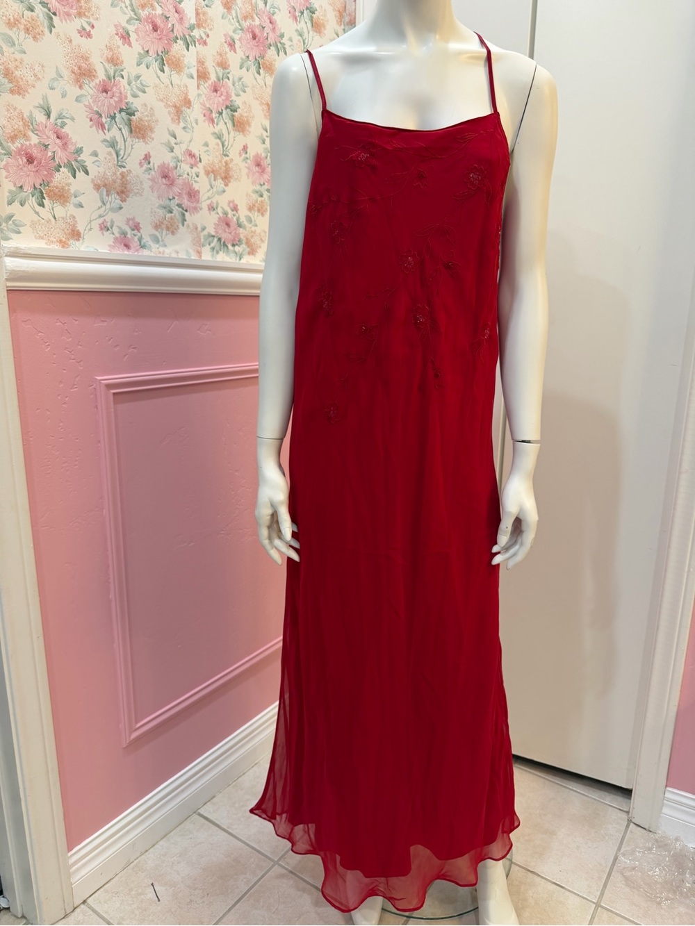 Valerie Stevens Crimson Beaded Spaghetti-Strap Maxi Dress